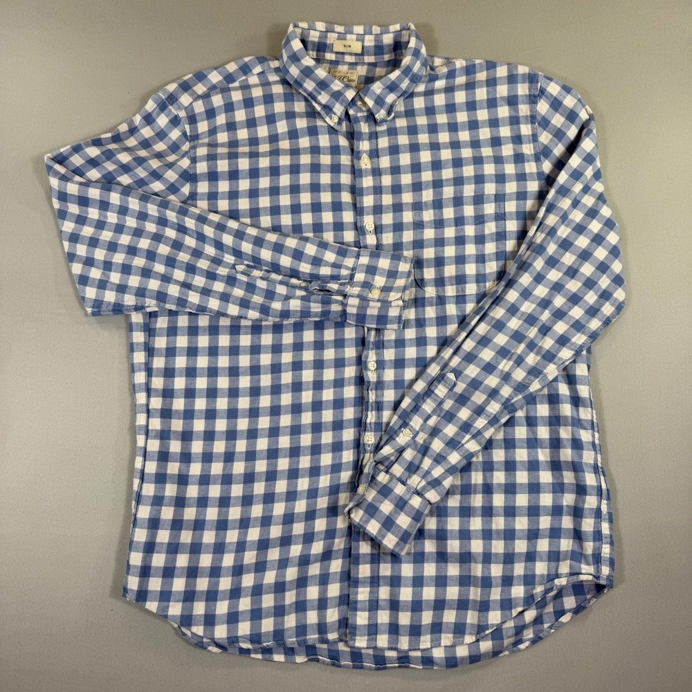 J.Crew Gingham Blue Shirt Mens Large Slim Cotton Linen Preppy Old Money Heritage